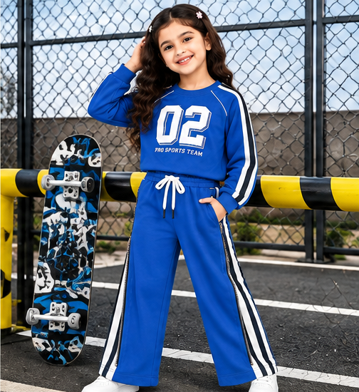 Girls Sports Co-Ord Set | Full Sleeve Sweatshirt and Wide Leg Track Pants | 02 Graphic Print | Side Stripe Detail | 2-Piece Casual Tracksuit