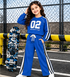 Girls Sports Co-Ord Set | Full Sleeve Sweatshirt and Wide Leg Track Pants | 02 Graphic Print | Side Stripe Detail | 2-Piece Casual Tracksuit