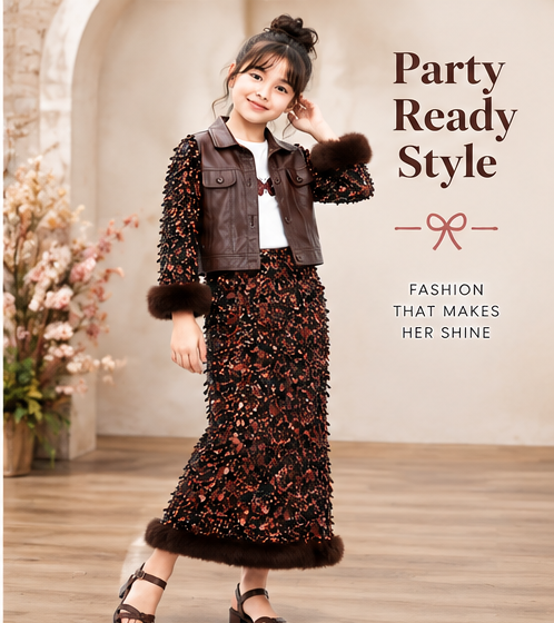 Girls Brown Designer Co-Ord Set with Faux Leather Jacket, Full Sleeve Printed Maxi Dress with Fur Detailing – Stylish Party Wear Outfit