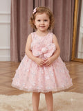 Girls' Pink Floral Sequin Party Frock with 3D Bow – Elegant Sleeveless Princess Dress