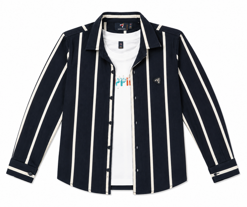 Boys Black & White Vertical Striped Long Sleeve Shirt