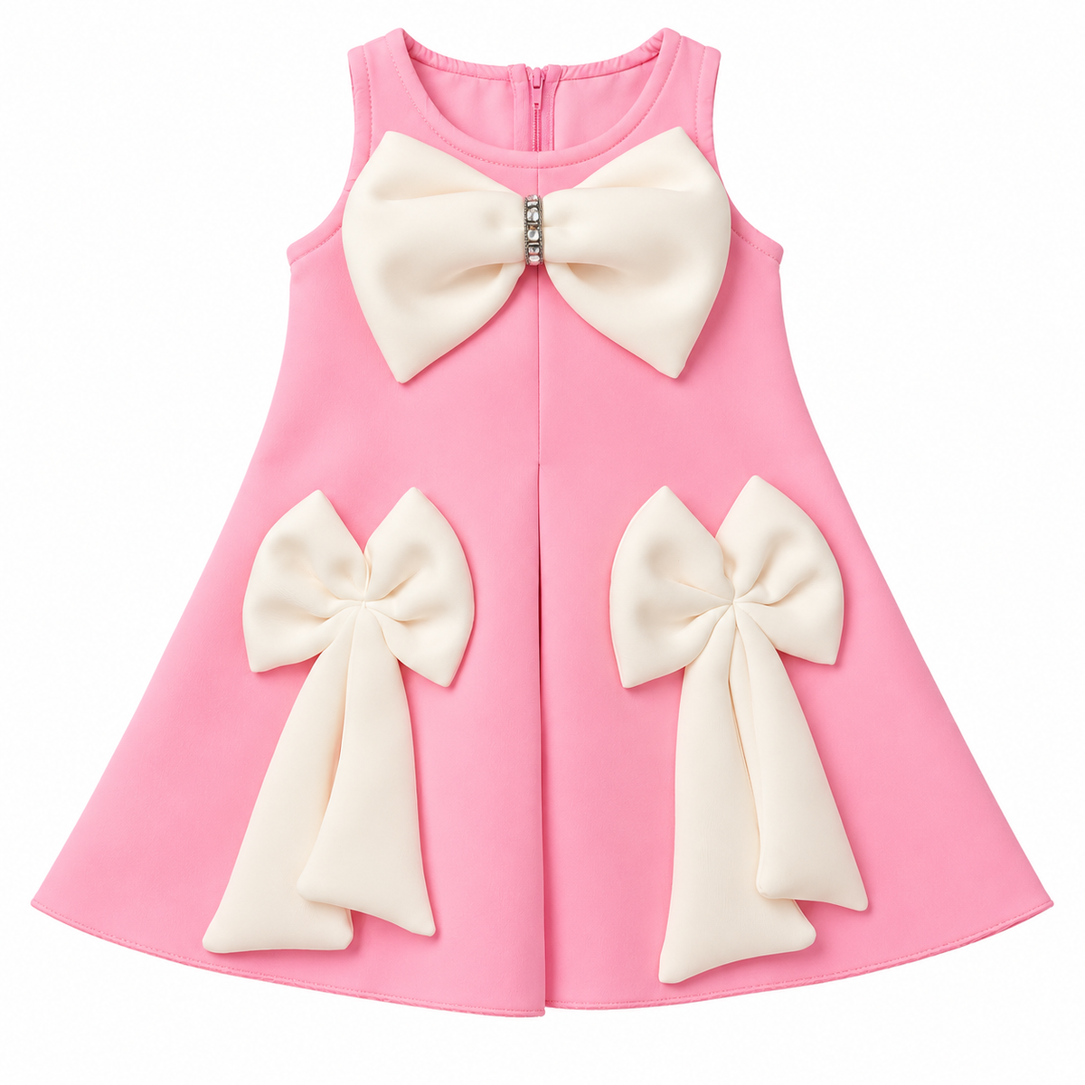 Girls Pink Sleeveless Party Wear Dress with Large White Bow Detailing, Decorative Rhinestone Accent and Flared A-Line Skirt – Stylish Designer Dress