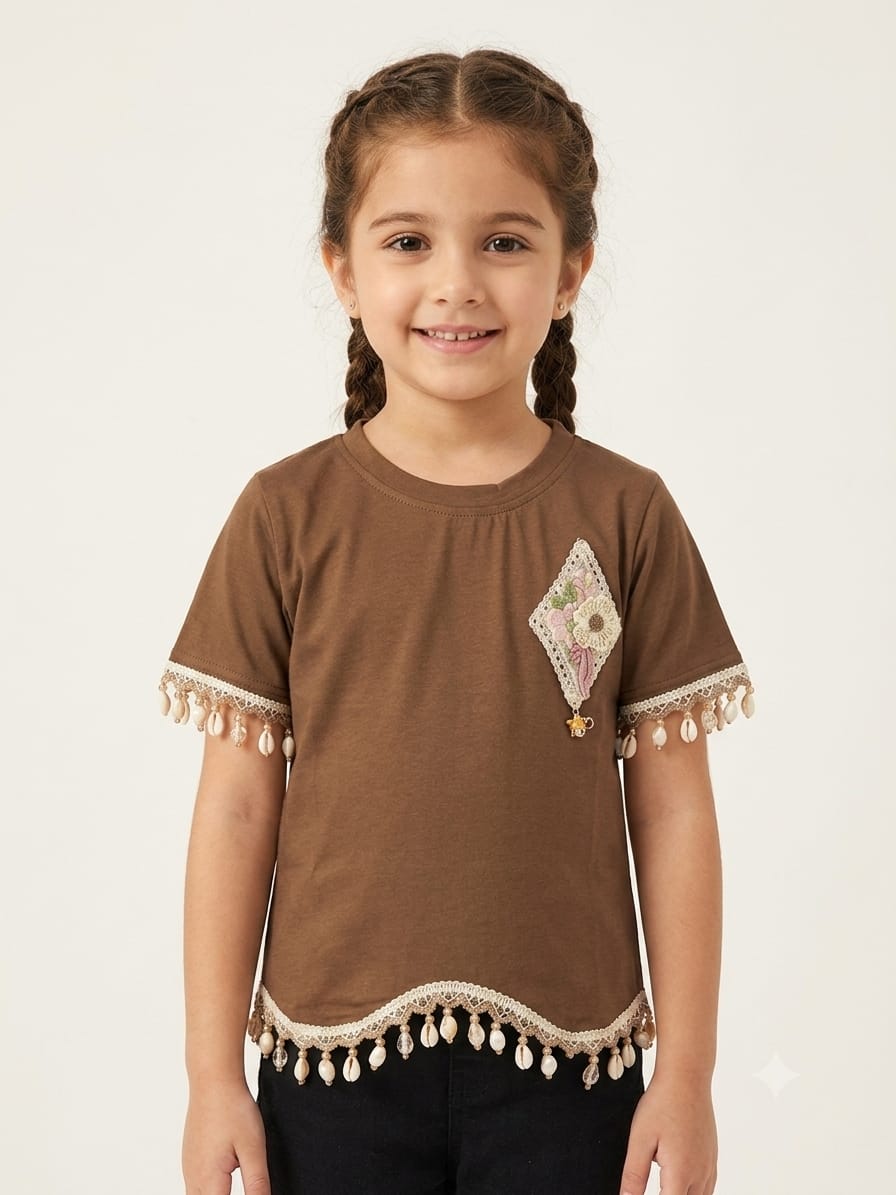 Brown Floral Appliqué Girls Half Sleeve T-Shirt