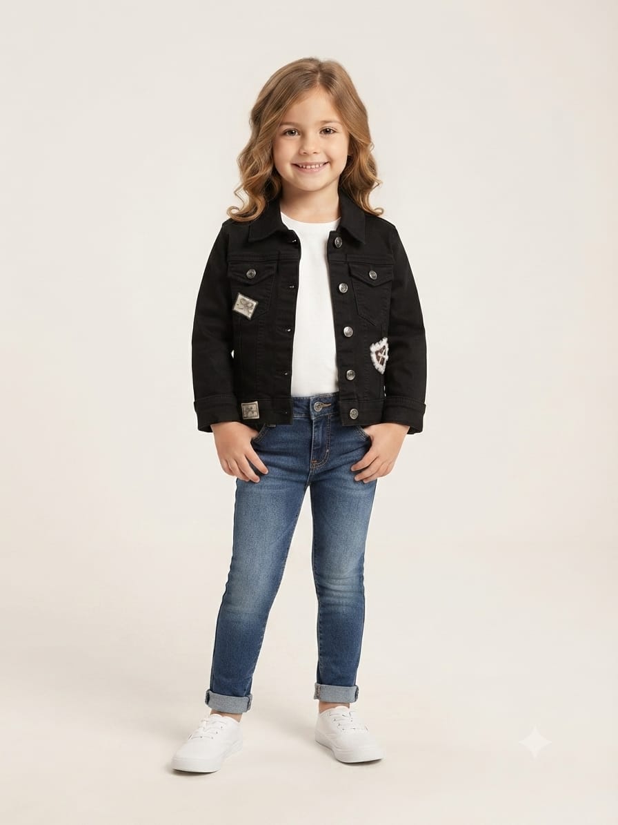 Black Embellished Girls Denim Jacket