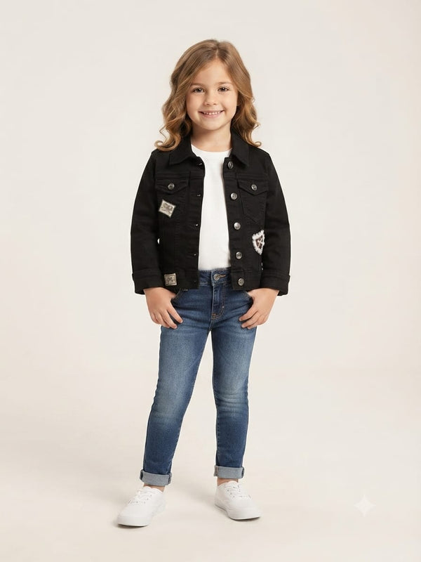 Black Embellished Girls Denim Jacket