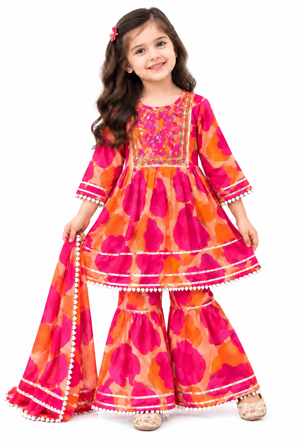Girls Pink Orange Sharara Set | Floral Printed Kurta with Matching Sharara Pants and Dupatta | 3-Piece Traditional Ethnic Wear for Kids