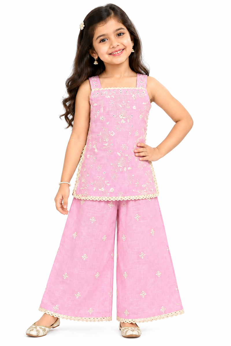 Girls Pink Sharara Set | Sleeveless Floral Printed Kurti with Matching Wide Leg Pants | Lace Trim Ethnic Wear for Kids | Festive and Party Outfit
