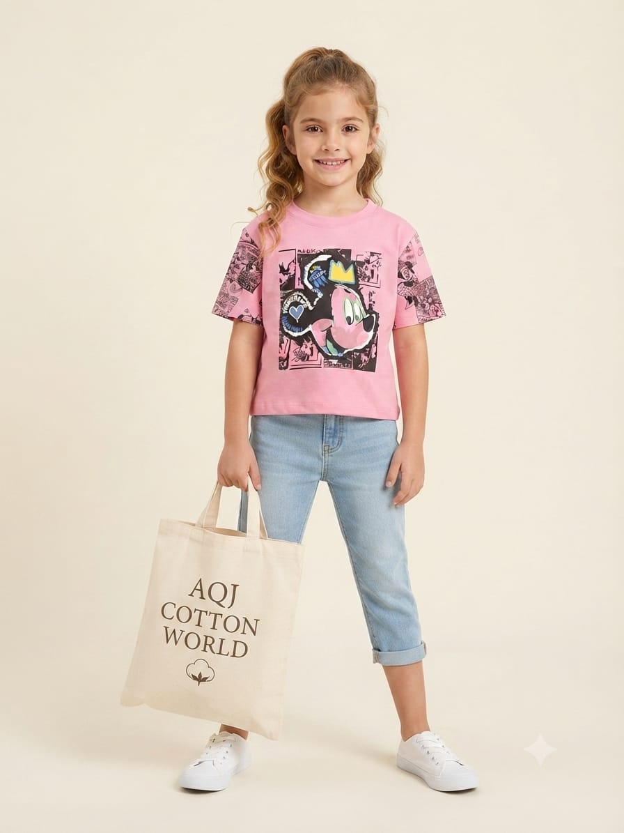 Girls Pink Cartoon Graphic Printed T-Shirt