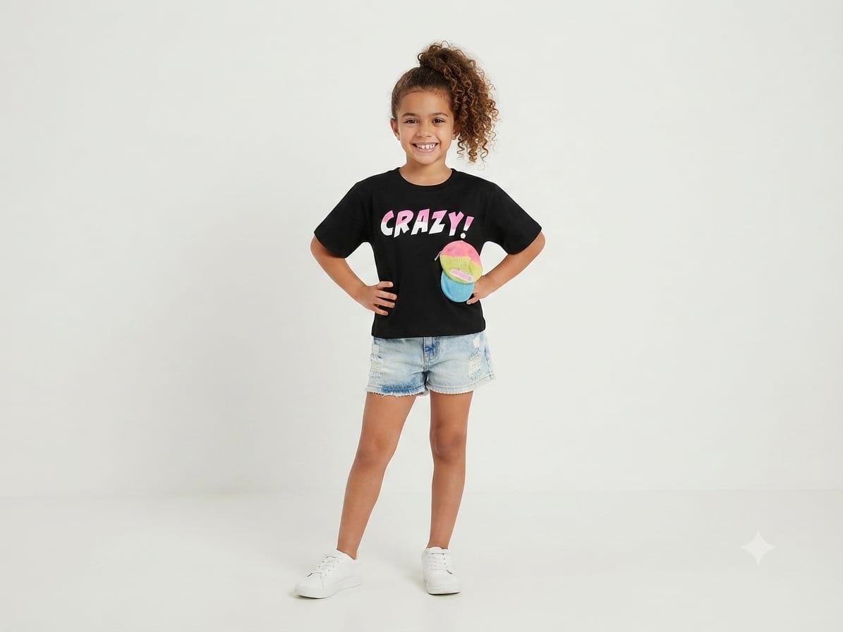Black "CRAZY!" Girls T-Shirt with Mini Cap Pouch