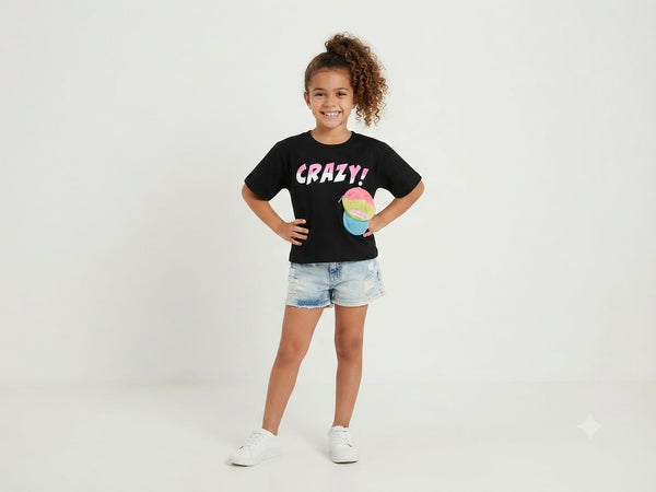 Black "CRAZY!" Girls T-Shirt with Mini Cap Pouch