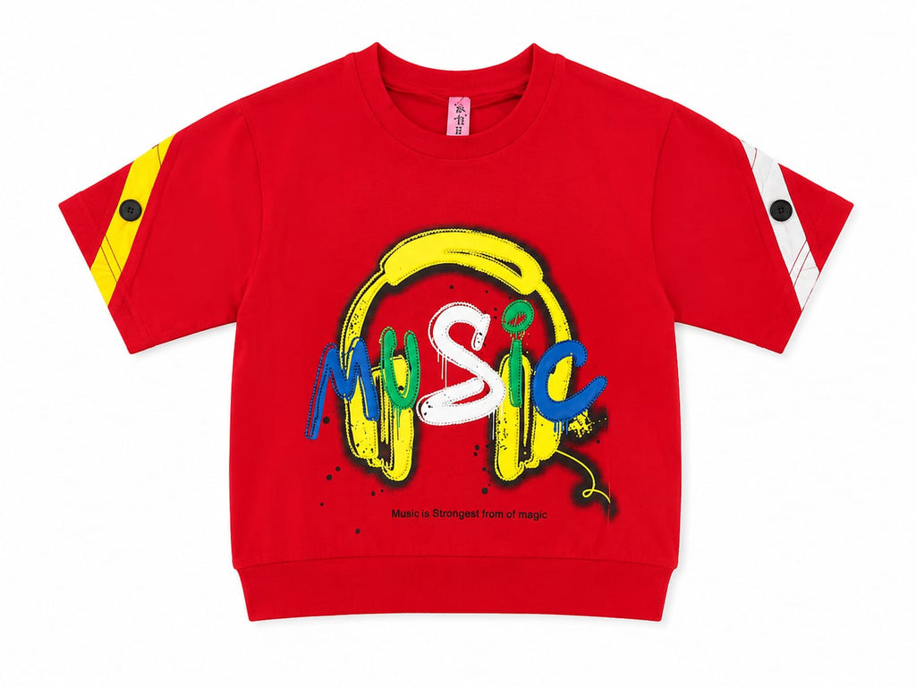 Girls Red Music Print Half Sleeve Cotton Top