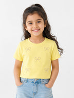 Pastel Yellow Pearl Bow Embellished Girls Half Sleeve T-Shirt