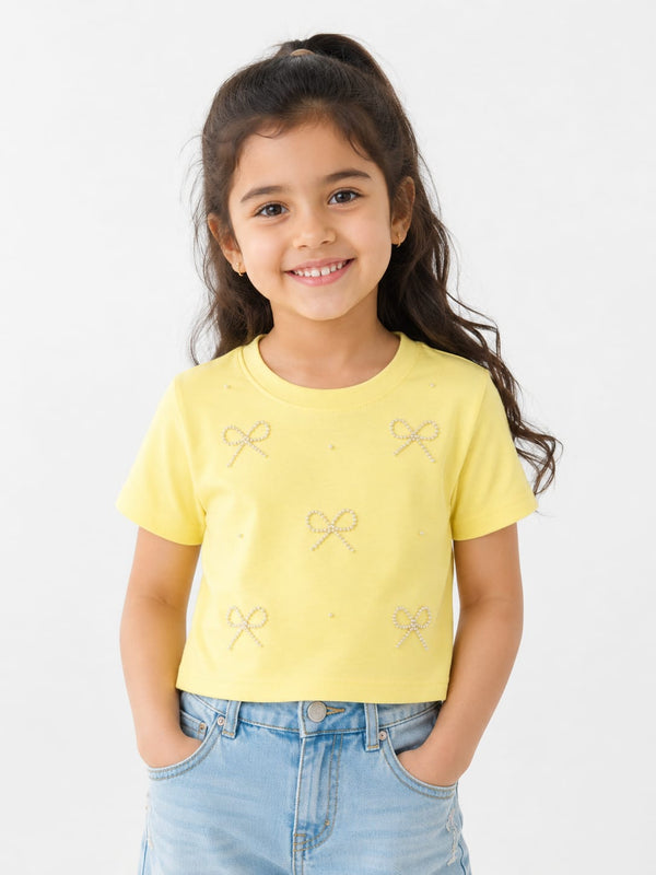 Pastel Yellow Pearl Bow Embellished Girls Half Sleeve T-Shirt