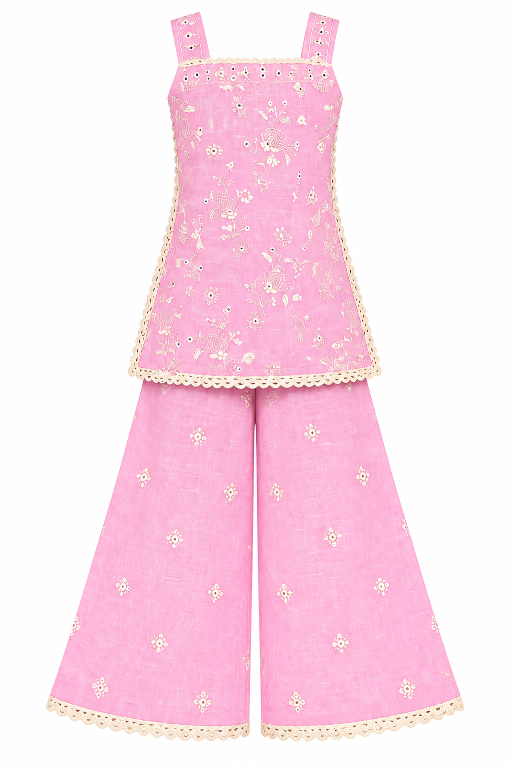 Girls Pink Sharara Set | Sleeveless Floral Printed Kurti with Matching Wide Leg Pants | Lace Trim Ethnic Wear for Kids | Festive and Party Outfit