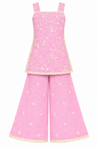 Girls Pink Sharara Set | Sleeveless Floral Printed Kurti with Matching Wide Leg Pants | Lace Trim Ethnic Wear for Kids | Festive and Party Outfit