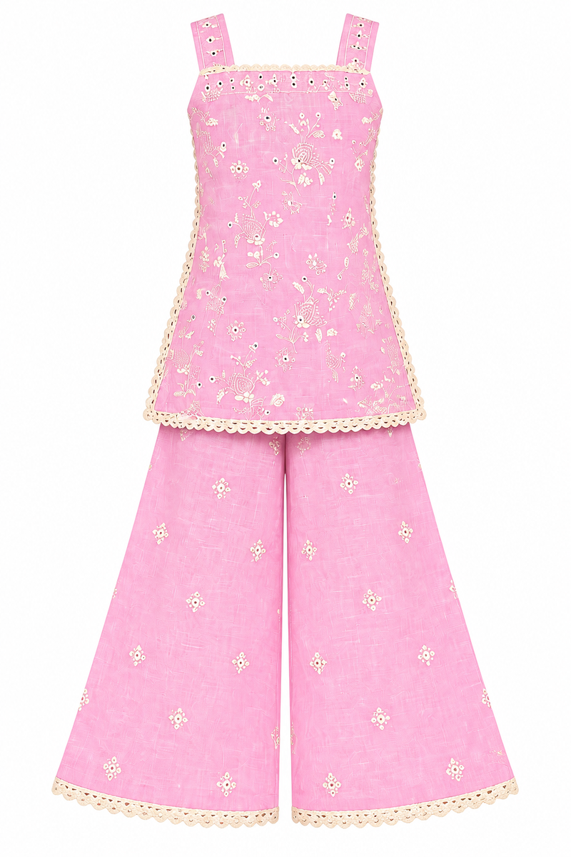 Girls Pink Sharara Set | Sleeveless Floral Printed Kurti with Matching Wide Leg Pants | Lace Trim Ethnic Wear for Kids | Festive and Party Outfit