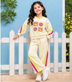 Girls Co-Ord Set | Full Sleeve Sweatshirt and Wide Leg Pants | Smiley Face Graphic Print | Contrast Stripe Detail | 2-Piece Casual Wear Set