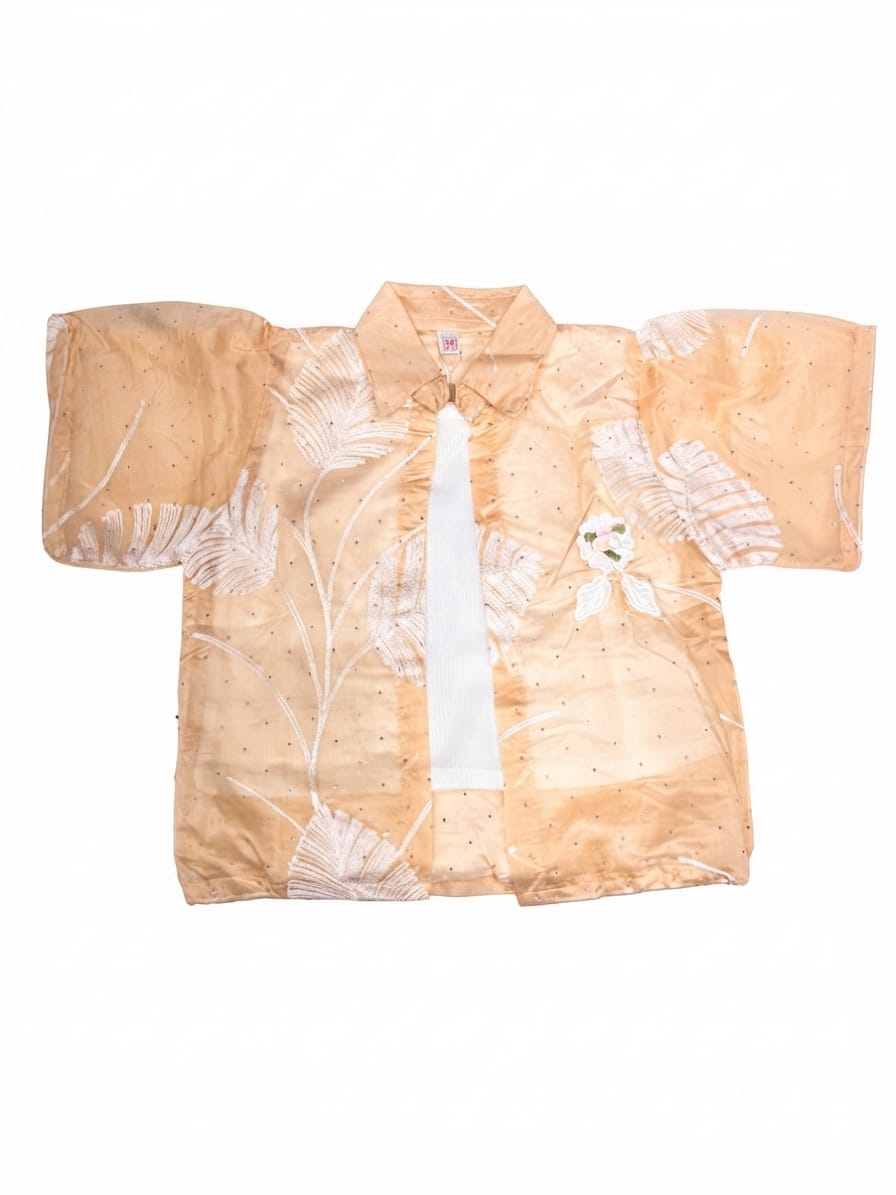 Beige Printed Girls Layered Top Set