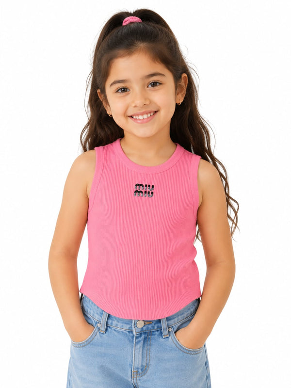 Pink Ribbed Sleeveless Girls Knit Top