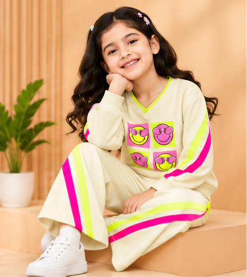 Girls Co-Ord Set | Full Sleeve Sweatshirt and Wide Leg Pants | Smiley Face Graphic Print | Contrast Stripe Detail | 2-Piece Casual Wear Set
