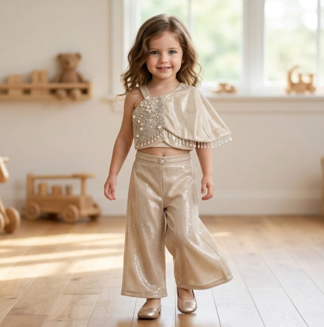 GIRLS PARTYWEAR WESTERN BEIGE CO-RDS SET