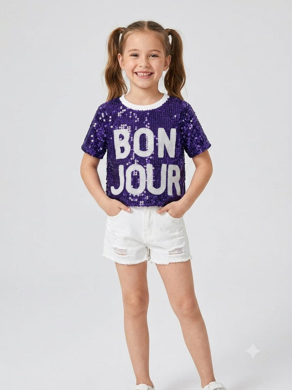 Royal Blue Sequin "BON JOUR" Half Sleeve Kids T-Shirt