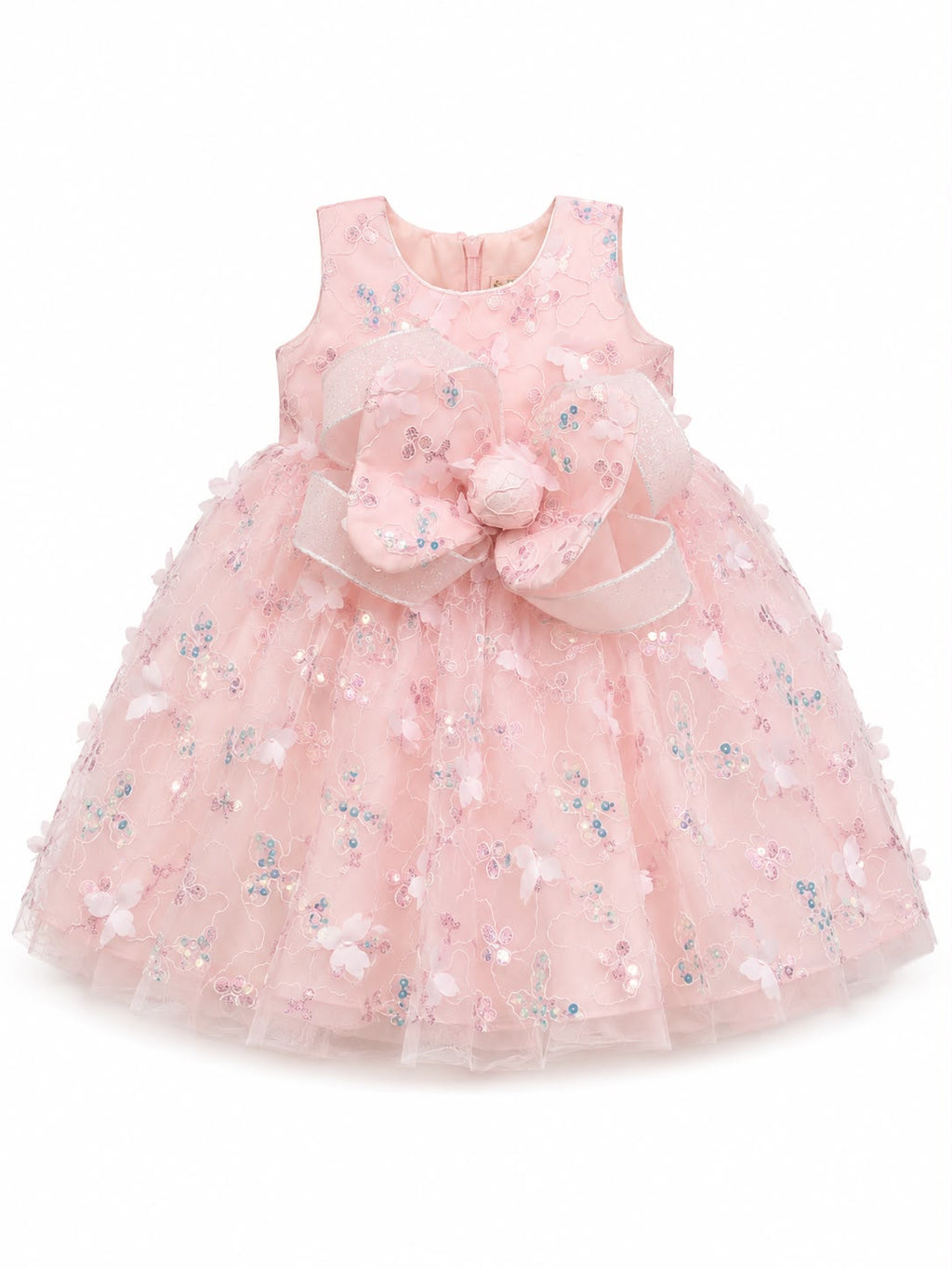 Girls' Pink Floral Sequin Party Frock with 3D Bow – Elegant Sleeveless Princess Dress