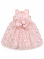 Girls' Pink Floral Sequin Party Frock with 3D Bow – Elegant Sleeveless Princess Dress