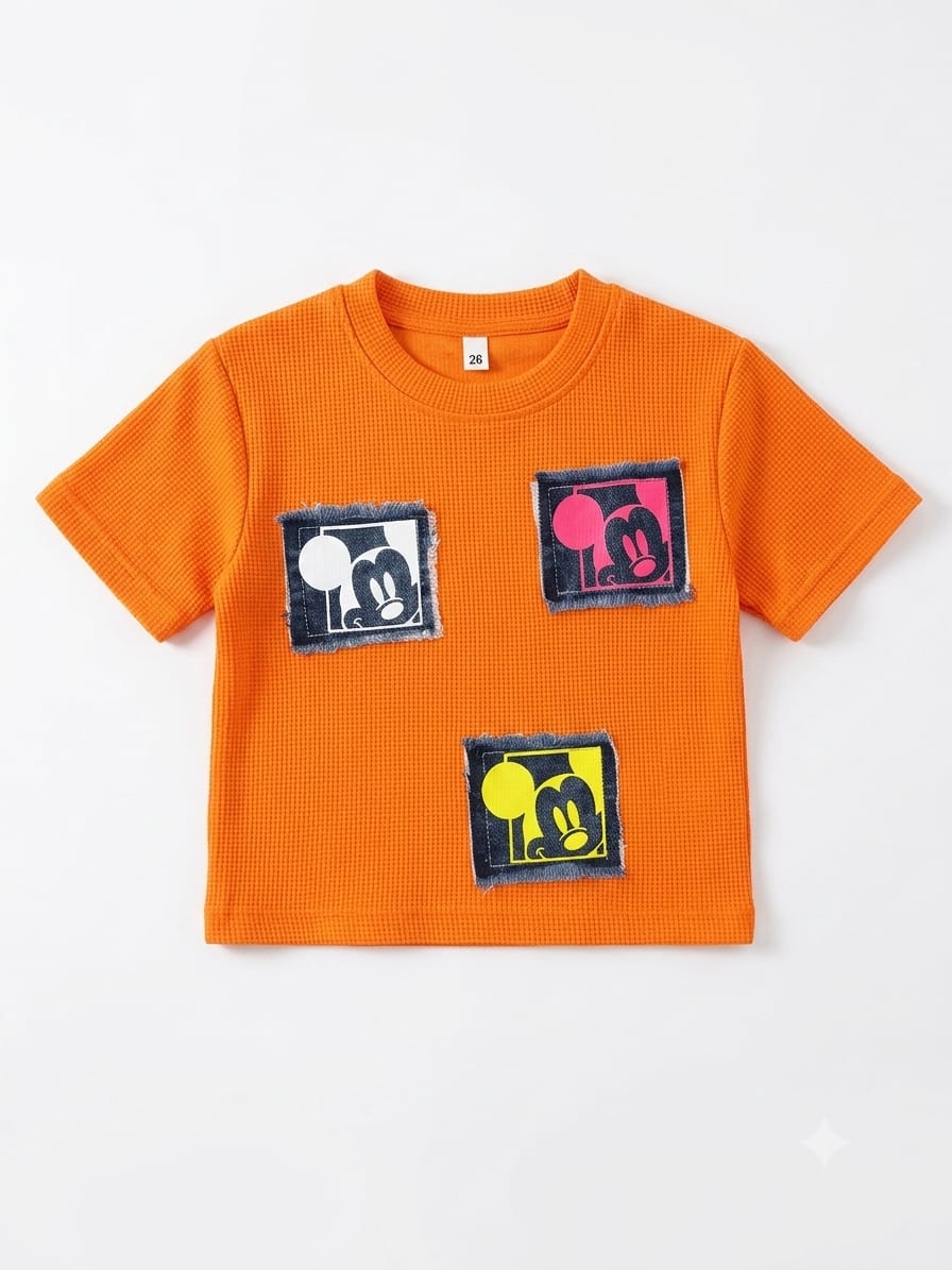 Orange Textured Cartoon Patch Kids Half Sleeve T-Shirt