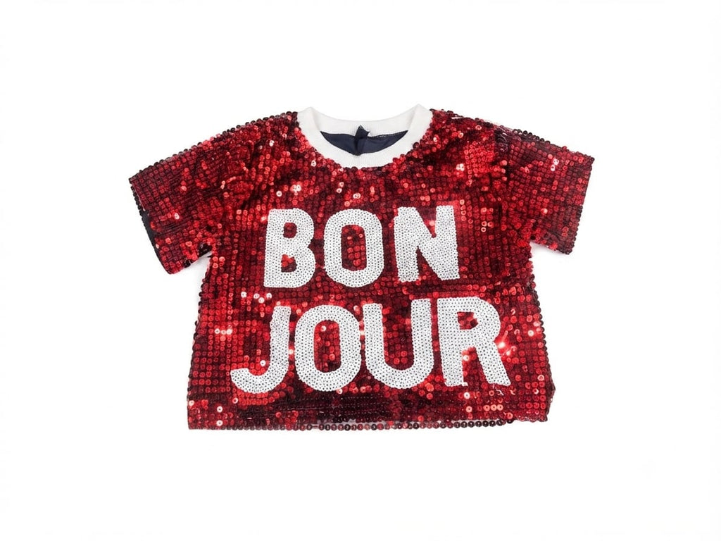 Red Sequin "BON JOUR" Girls Top