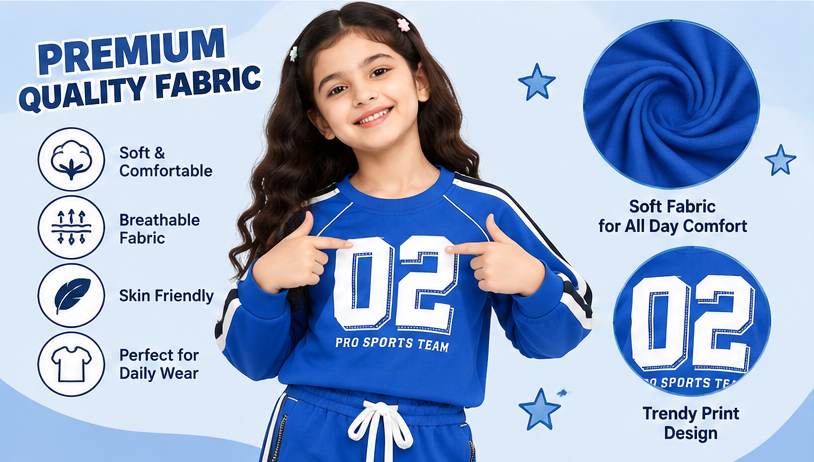 Girls Sports Co-Ord Set | Full Sleeve Sweatshirt and Wide Leg Track Pants | 02 Graphic Print | Side Stripe Detail | 2-Piece Casual Tracksuit