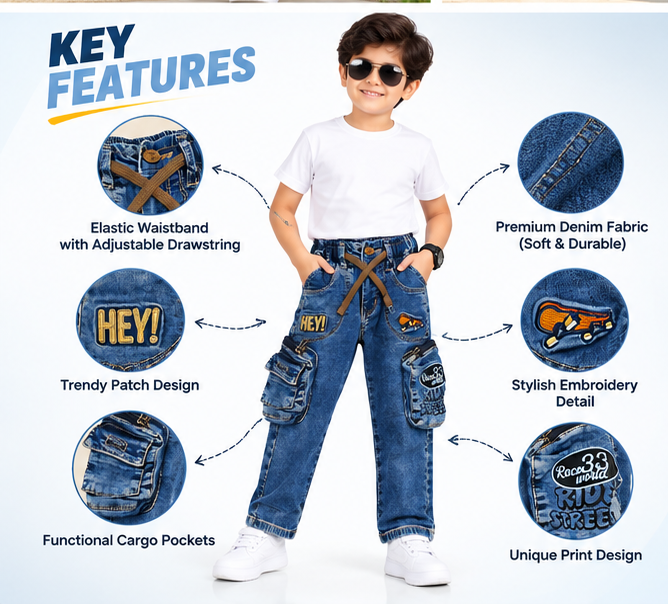 Boys Dark Blue Printed Denim Cargo Jeans with Adjustable Drawstring Waist, Multiple Utility Pockets and Graphic Patch Detailing – Stylish Casual Wear