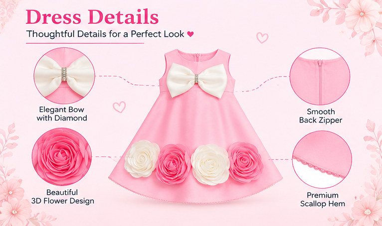 Girls Pink Sleeveless Party Wear Frock with Large White Bow, 3D Pink & White Rose Floral Appliqué and Decorative Hem – Designer Birthday Dress
