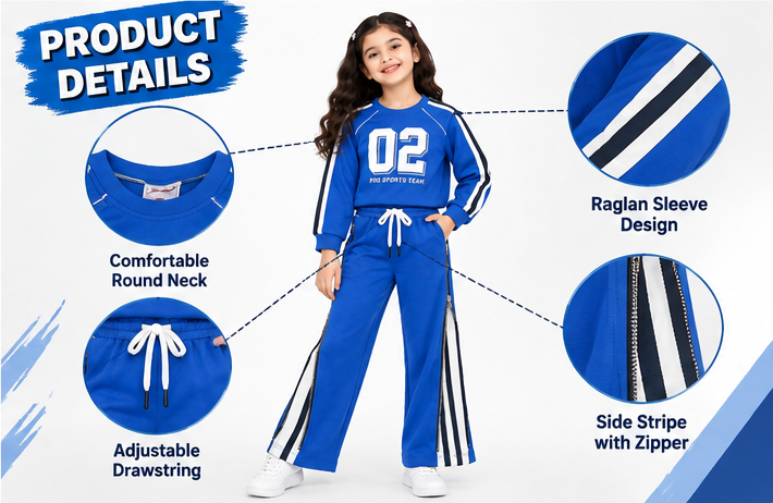 Girls Sports Co-Ord Set | Full Sleeve Sweatshirt and Wide Leg Track Pants | 02 Graphic Print | Side Stripe Detail | 2-Piece Casual Tracksuit