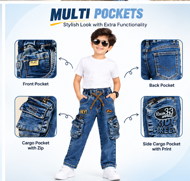 Boys Dark Blue Printed Denim Cargo Jeans with Adjustable Drawstring Waist, Multiple Utility Pockets and Graphic Patch Detailing – Stylish Casual Wear