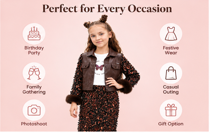 Girls Brown Designer Co-Ord Set with Faux Leather Jacket, Full Sleeve Printed Maxi Dress with Fur Detailing – Stylish Party Wear Outfit