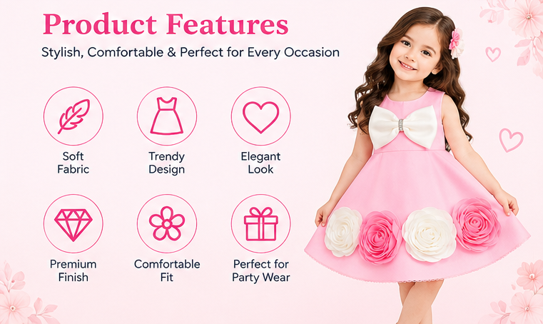 Girls Pink Sleeveless Party Wear Frock with Large White Bow, 3D Pink & White Rose Floral Appliqué and Decorative Hem – Designer Birthday Dress