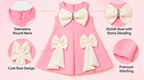 Girls Pink Sleeveless Party Wear Dress with Large White Bow Detailing, Decorative Rhinestone Accent and Flared A-Line Skirt – Stylish Designer Dress
