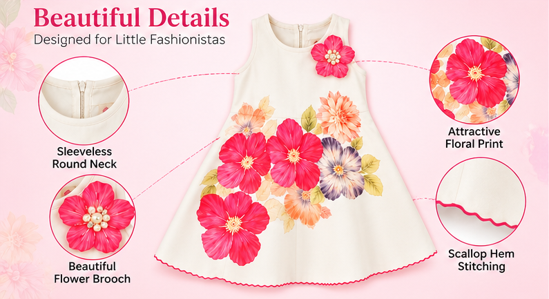 Girls White Floral Printed Sleeveless Party Wear Dress with 3D Pink Flower Embellishment and Flared A-Line Skirt – Stylish Designer Dress