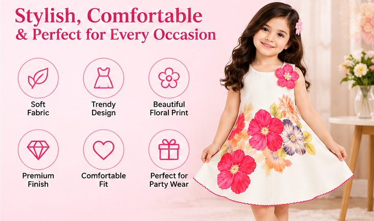 Girls White Floral Printed Sleeveless Party Wear Dress with 3D Pink Flower Embellishment and Flared A-Line Skirt – Stylish Designer Dress
