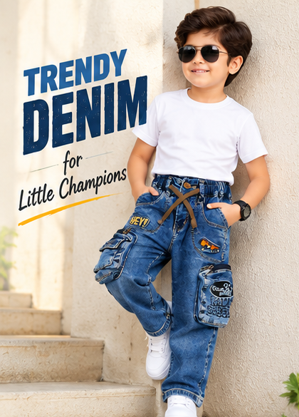 Boys Dark Blue Printed Denim Cargo Jeans with Adjustable Drawstring Waist, Multiple Utility Pockets and Graphic Patch Detailing – Stylish Casual Wear