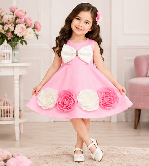 Girls Pink Sleeveless Party Wear Frock with Large White Bow, 3D Pink & White Rose Floral Appliqué and Decorative Hem – Designer Birthday Dress
