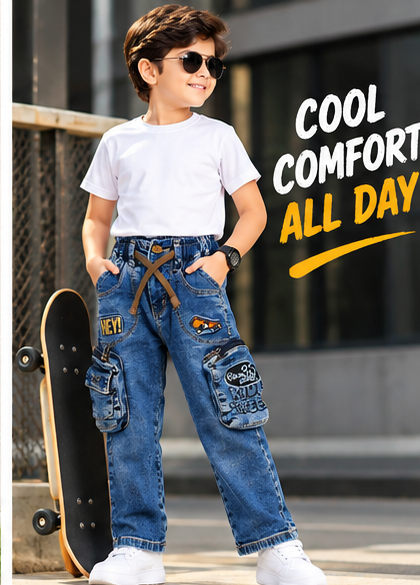 Boys Dark Blue Printed Denim Cargo Jeans with Adjustable Drawstring Waist, Multiple Utility Pockets and Graphic Patch Detailing – Stylish Casual Wear
