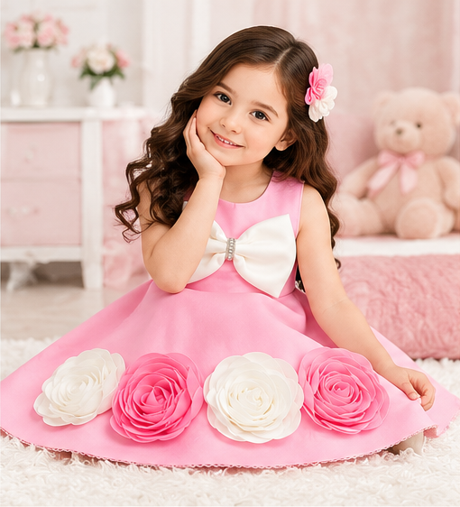 Girls Pink Sleeveless Party Wear Frock with Large White Bow, 3D Pink & White Rose Floral Appliqué and Decorative Hem – Designer Birthday Dress