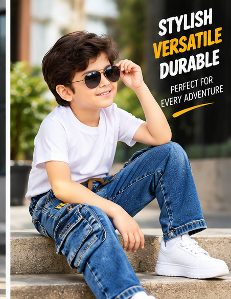 Boys Dark Blue Printed Denim Cargo Jeans with Adjustable Drawstring Waist, Multiple Utility Pockets and Graphic Patch Detailing – Stylish Casual Wear