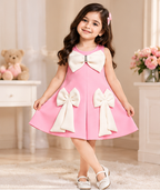 Girls Pink Sleeveless Party Wear Dress with Large White Bow Detailing, Decorative Rhinestone Accent and Flared A-Line Skirt – Stylish Designer Dress