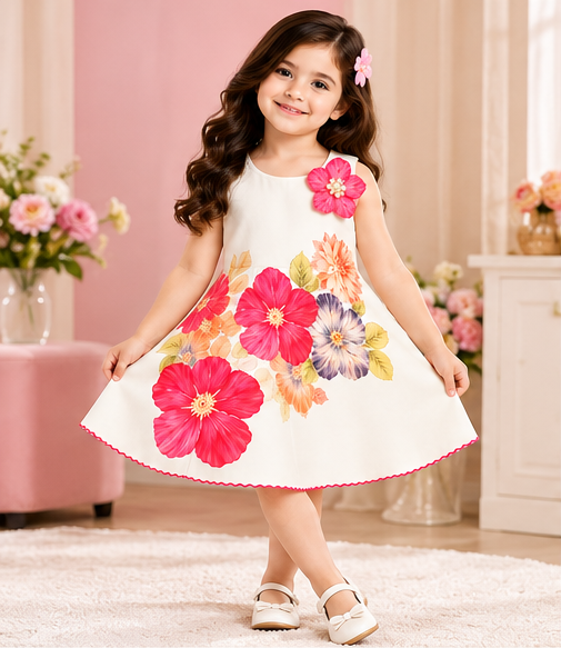 Girls White Floral Printed Sleeveless Party Wear Dress with 3D Pink Flower Embellishment and Flared A-Line Skirt – Stylish Designer Dress