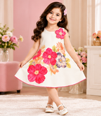 Girls White Floral Printed Sleeveless Party Wear Dress with 3D Pink Flower Embellishment and Flared A-Line Skirt – Stylish Designer Dress