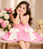 Girls Pink Sleeveless Party Wear Dress with Large White Bow Detailing, Decorative Rhinestone Accent and Flared A-Line Skirt – Stylish Designer Dress