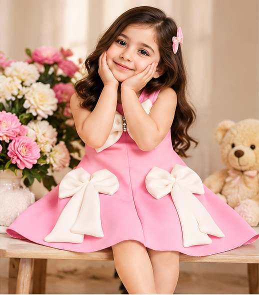 Girls Pink Sleeveless Party Wear Dress with Large White Bow Detailing, Decorative Rhinestone Accent and Flared A-Line Skirt – Stylish Designer Dress